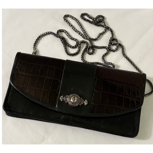 BRIGHTON Small Black Croc Embossed Leather Crossbody Bag-Silver Chain and Trim - Picture 1 of 5